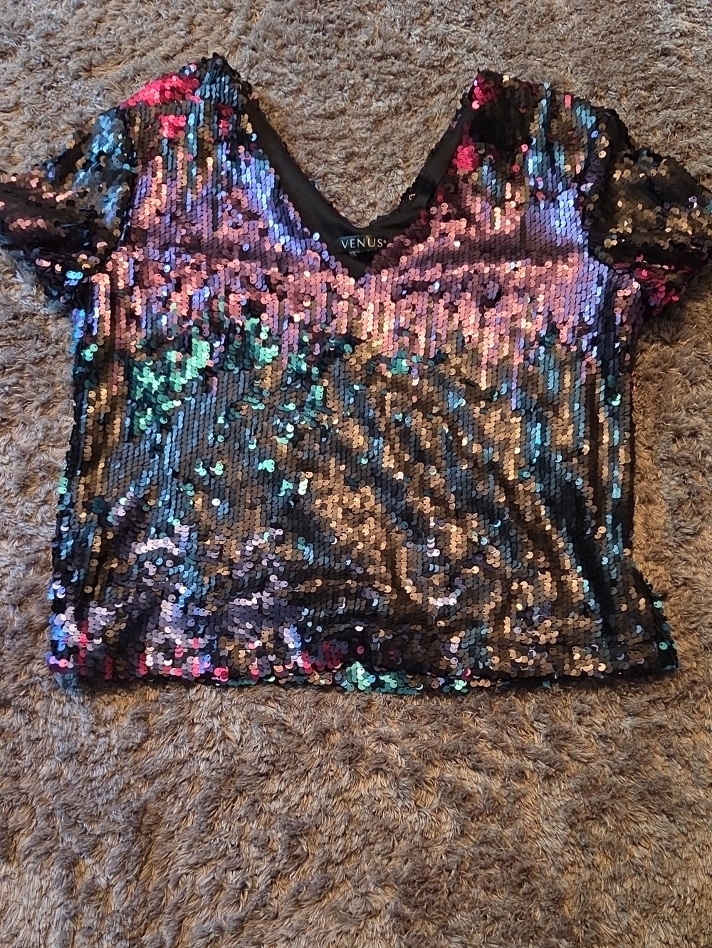 VENUS Black Multicolor Sequin V-Neck Crop Top